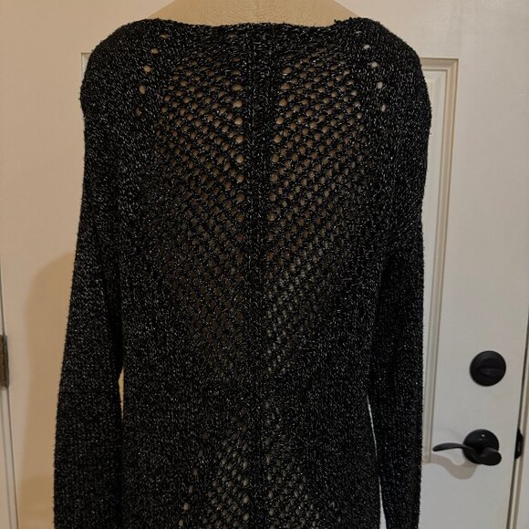 Rock & Republic Womens Mesh Tunic Sweater L Black Metallic Crochet Knit Top - Picture 6 of 9